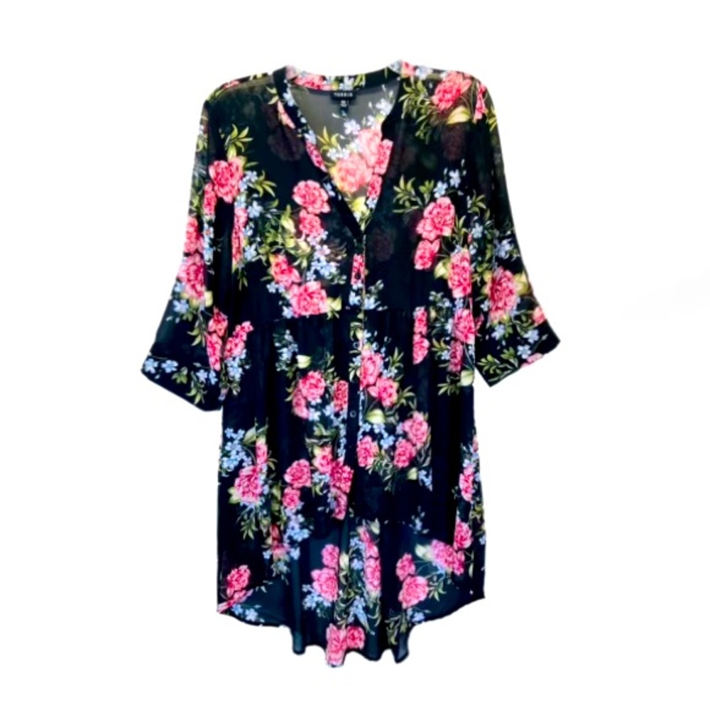 👚 TORRID || Chiffon Hi-Low Floral Sheer Tunic Top-